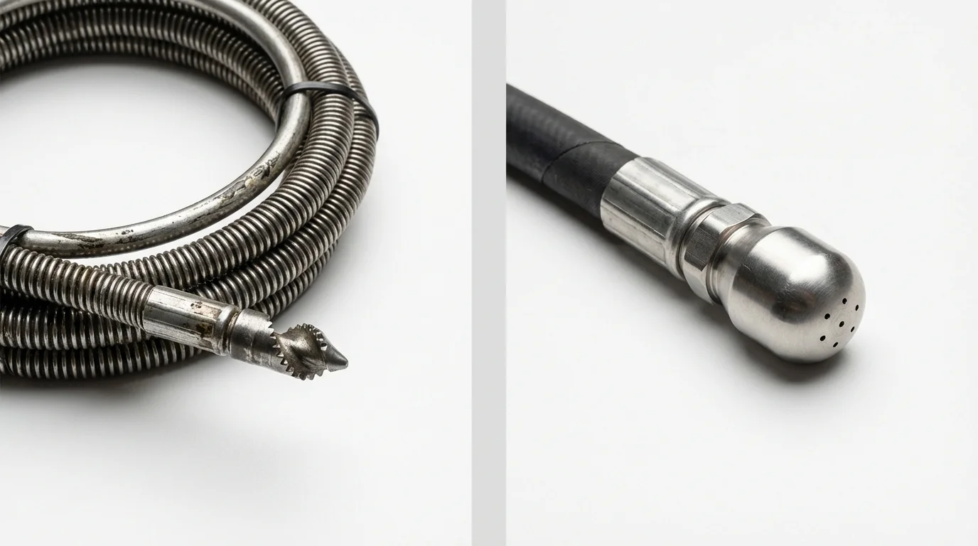 Drain snake cable and hydro jetting nozzle used for drain cleaning in Waterford, WI