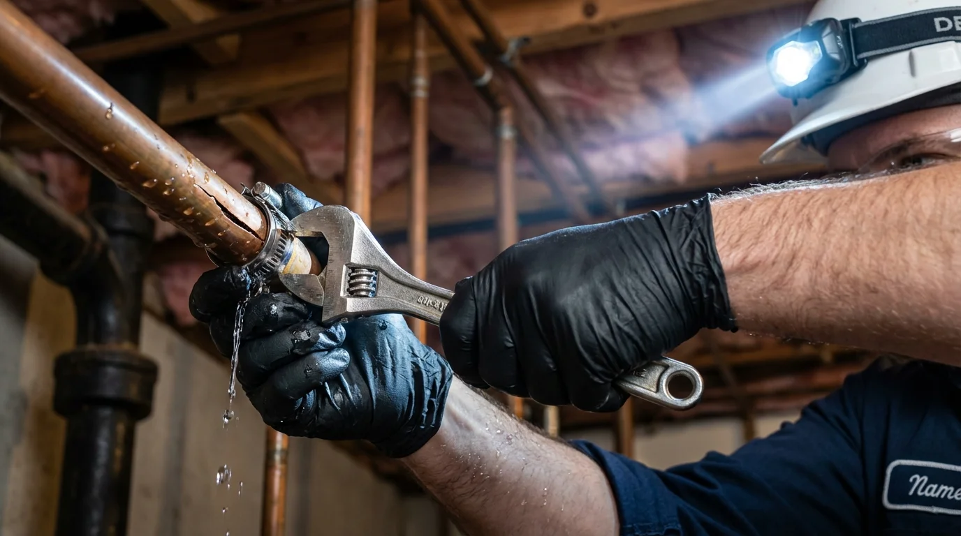 Emergency pipe clamp repair being performed by a Johns Plumbing LLC plumber in Waterford