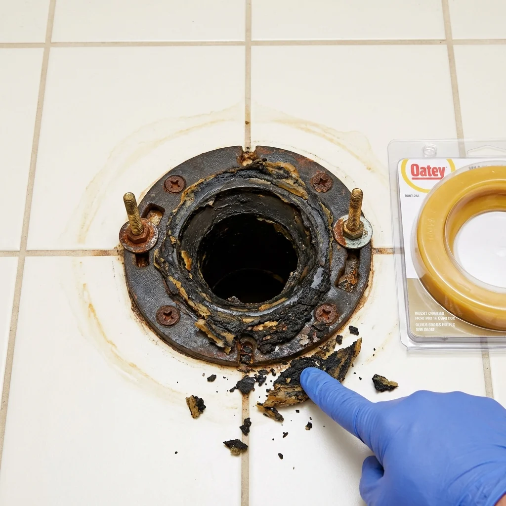 Failed wax ring showing water seepage at the base of a toilet in a Waterford, WI home