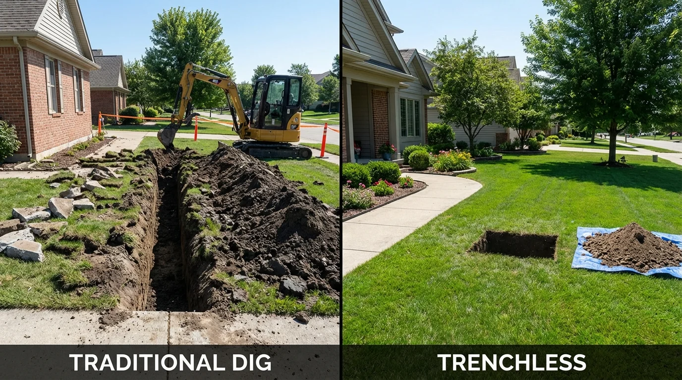 Trenchless sewer repair with minimal yard damage versus traditional excavation in Waterford, WI