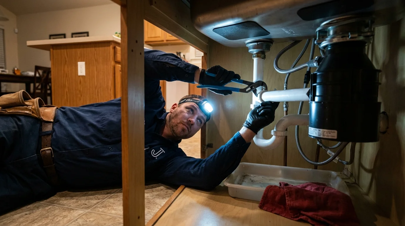P-trap and supply line connections under a kitchen sink showing a common leak point in Waterford, WI